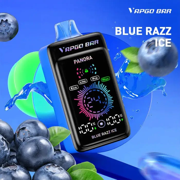 Electronic vaping device with a colorful digital display showing ’Blue Razz Ice’ flavor.