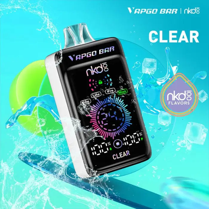 Electronic vaping device with a colorful digital display showing ’CLEAR’ and various indicators.