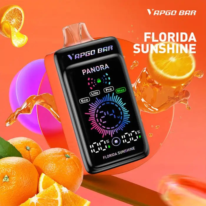 Electronic vaping device with a colorful digital display showing ’Florida Sunshine’ flavor.