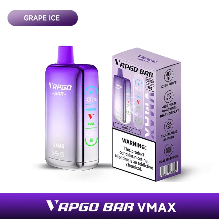 Purple and silver disposable vape device with ’Grape Ice’ flavor labeling.