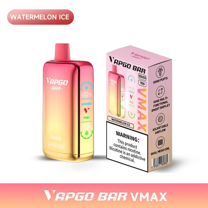 Colorful disposable vape device with a gradient pink-to-yellow design and its product packaging.