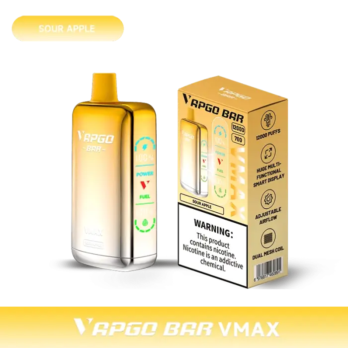 Disposable vape device with yellow packaging and branding.