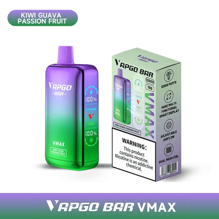 Colorful disposable vape device with purple and green gradient design, labeled ’Vapgo Bar VMAX’ for kiwi guava passion fruit flavor.