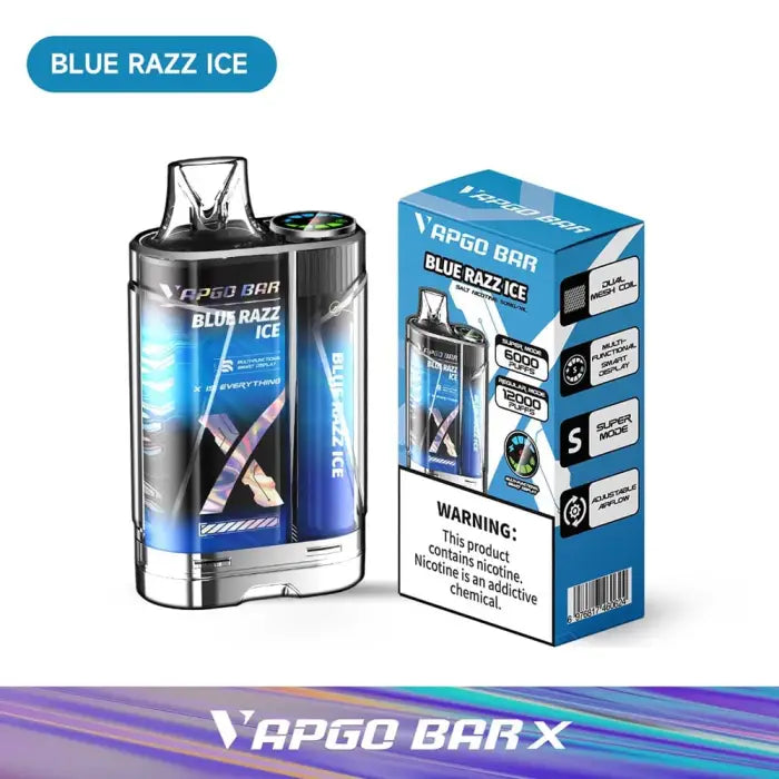 Disposable vape device with blue and black gradient design, labeled ’Blue Razz Ice’ flavor.