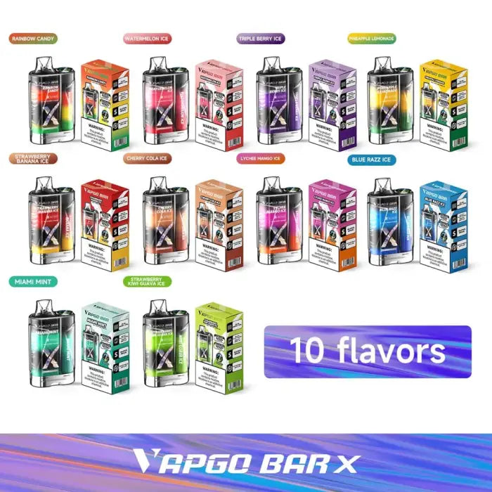 Collection of colorful vape or e-cigarette devices and flavor cartridges from the Vapgo Bar X brand.