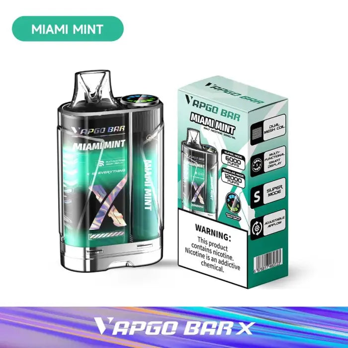 Disposable vape device in black and teal colors with ’Miami Mint’ flavor branding.