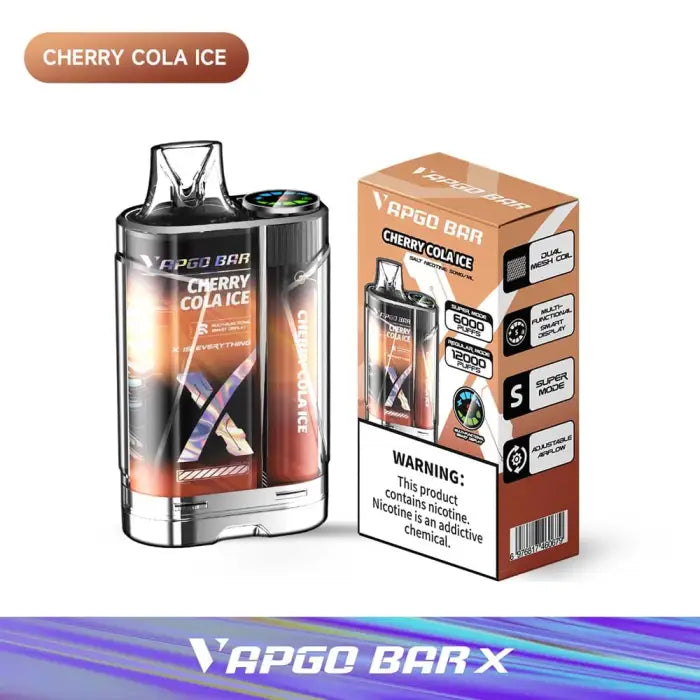 Disposable vape device featuring Cherry Cola Ice flavor, with product packaging shown.