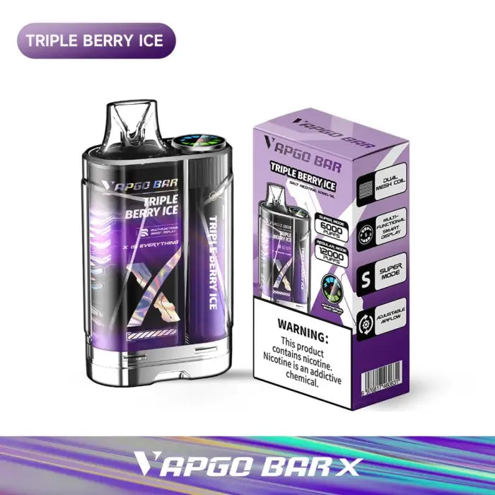 Disposable vape device in purple and black with ’Triple Berry Ice’ flavor.