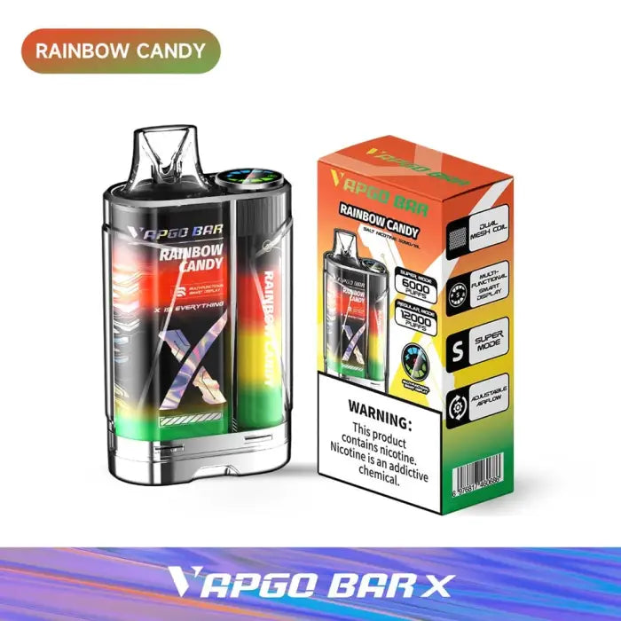 Disposable vape device with ’Rainbow Candy’ flavor and colorful packaging.