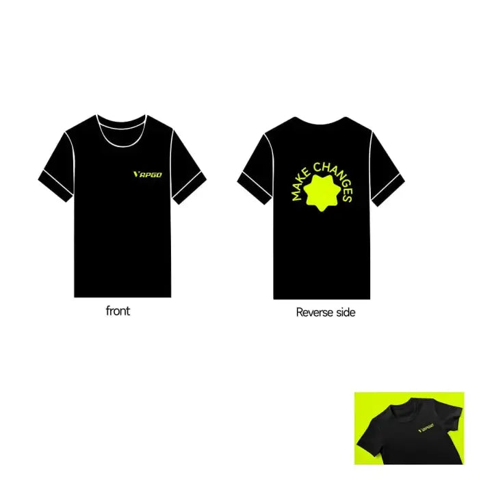 Black t-shirt design with neon yellow logo elements on front and back.