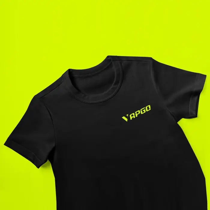 Black t-shirt with a neon green logo on the chest.