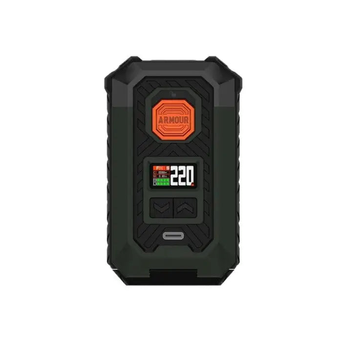 Rugged electronic device with an orange button and digital display screen.