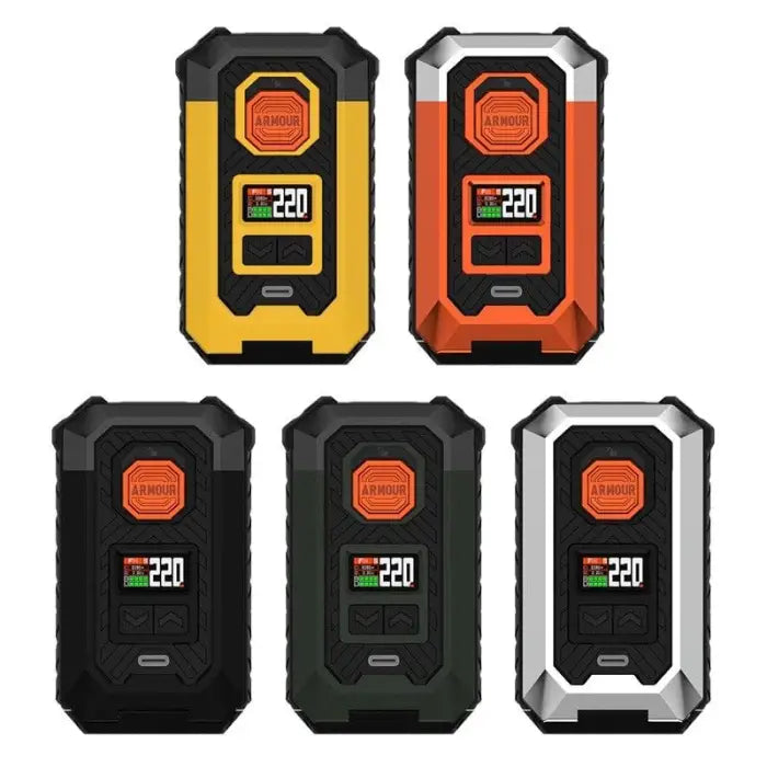 Rugged electronic devices with digital displays in various colors including yellow, orange, black, green, and white.