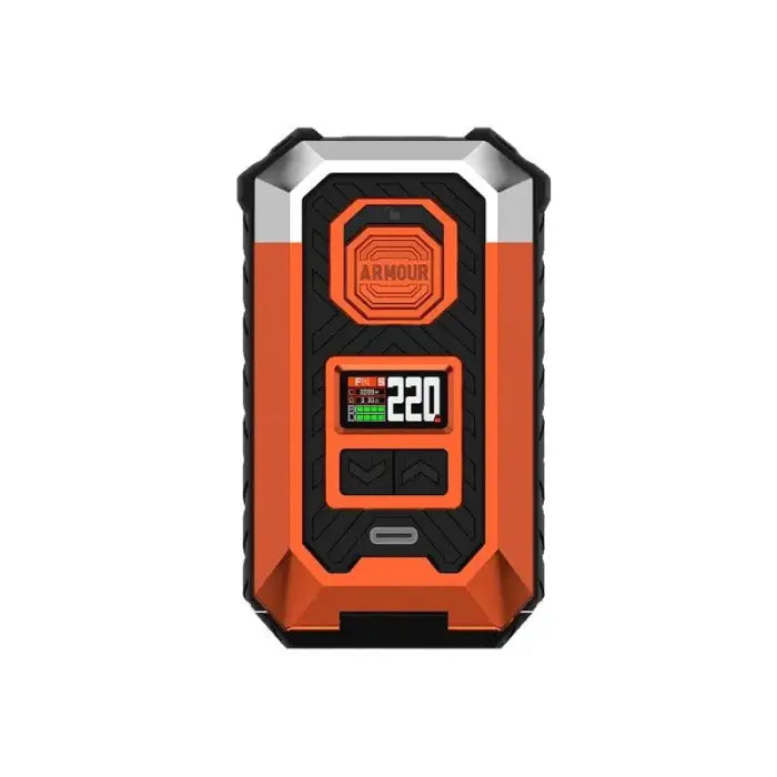 Rugged orange and black portable power bank with a digital display showing ’220’’.