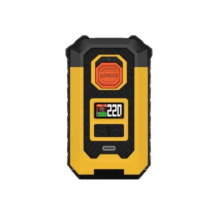 Rugged yellow and black portable electronic device with a digital display and warning symbol.