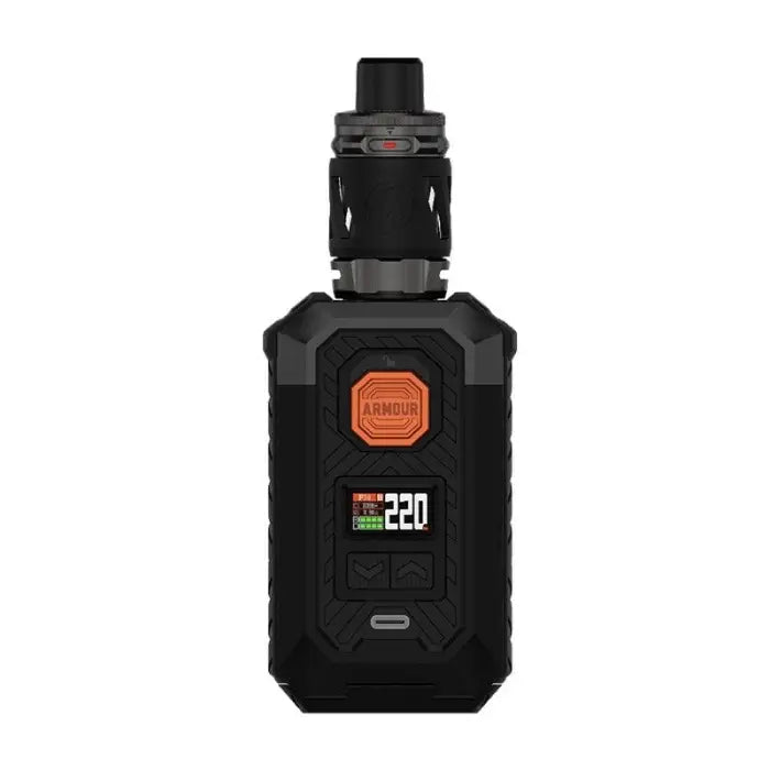 Black electronic vaping device with an orange button and digital display.