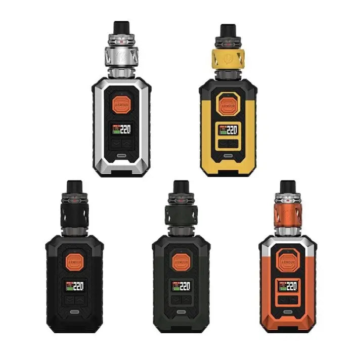 Electronic vaping devices or e-cigarettes in various colors and designs.