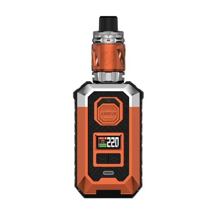 Electronic vaping device with an orange and black color scheme featuring a digital display.