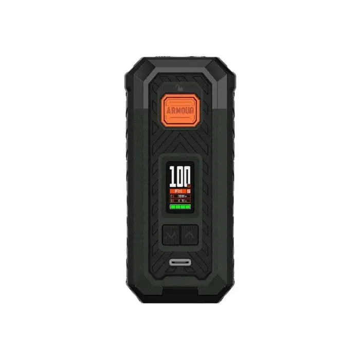 Rugged black electronic device with an orange button and digital display screen.