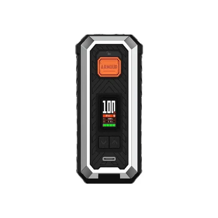 Rugged electronic device with a digital display and orange power button.