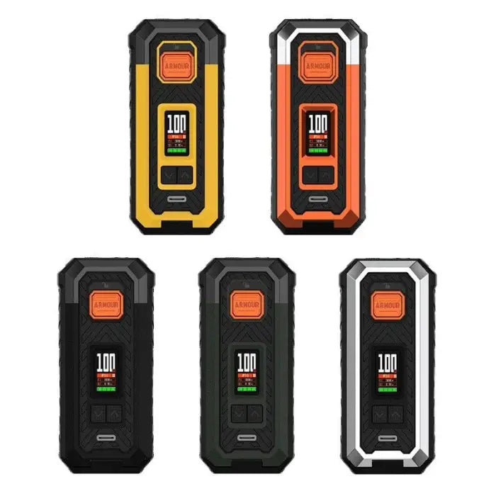 Rugged electronic devices with digital displays, likely power banks or portable chargers, shown in various color options.