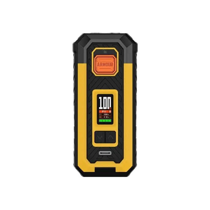 Rugged yellow and black digital laser distance meter with an LCD display.