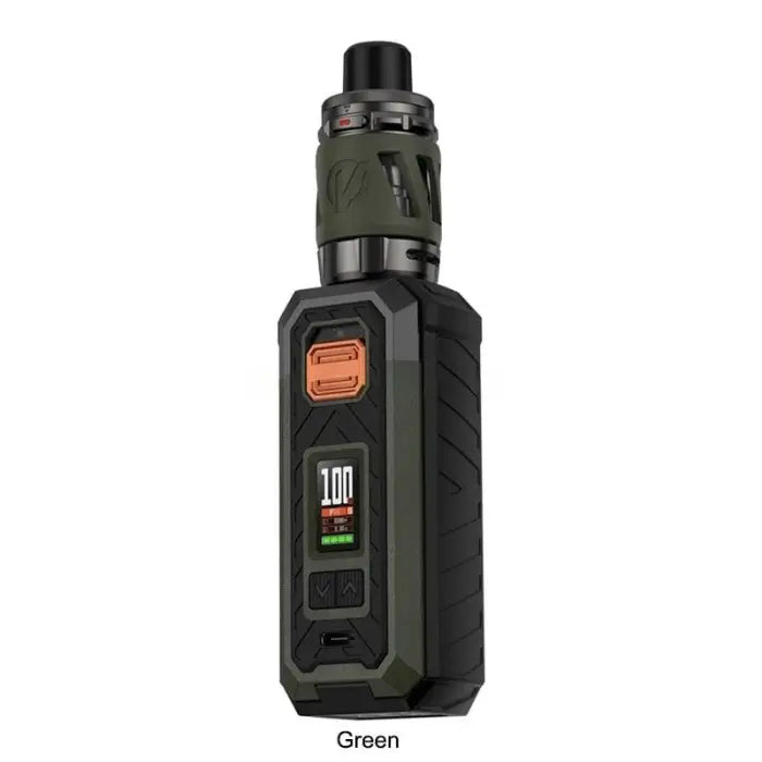 Electronic vaping device with a digital display and green accents.