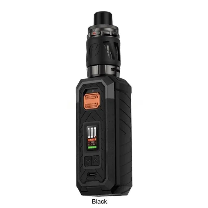 Black electronic vaping device with a digital display and orange accent.