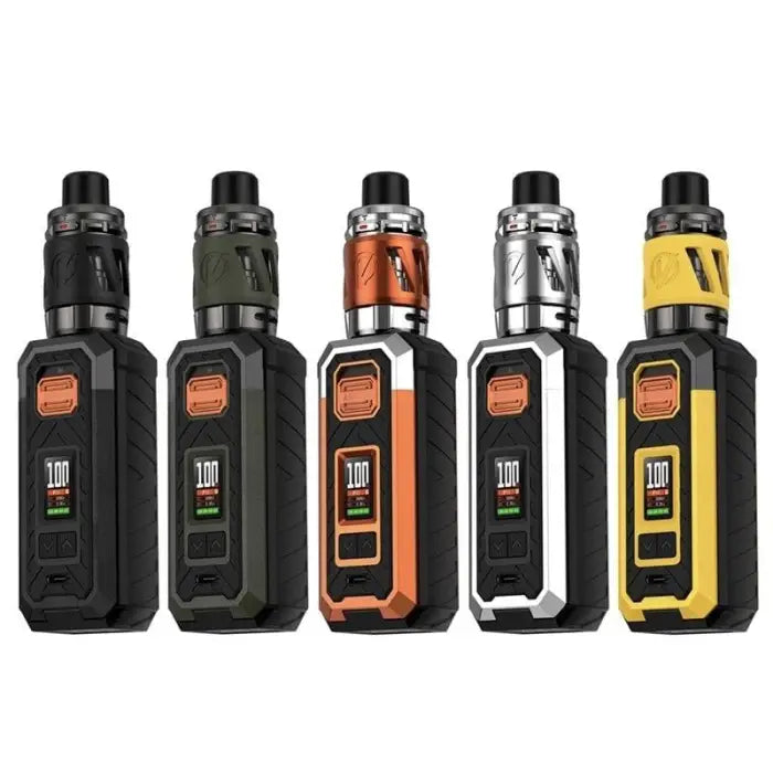 Set of five electronic vaping devices in different colors.