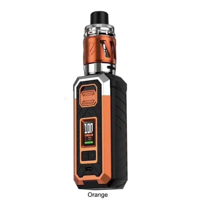 Electronic vaping device with an orange and black color scheme featuring a digital display.