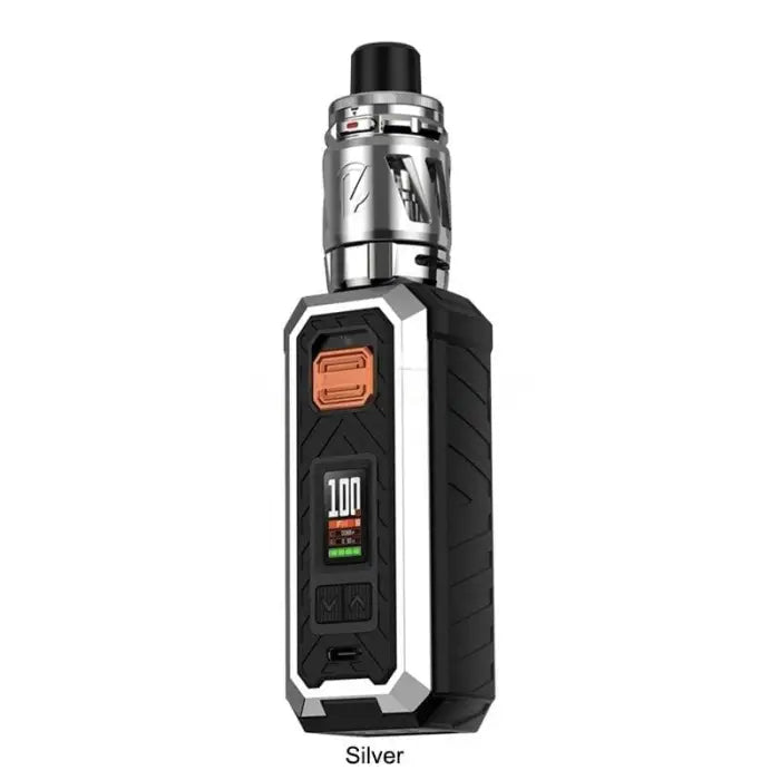 Electronic vaping device with a silver and black body, featuring a digital display and tank attachment.