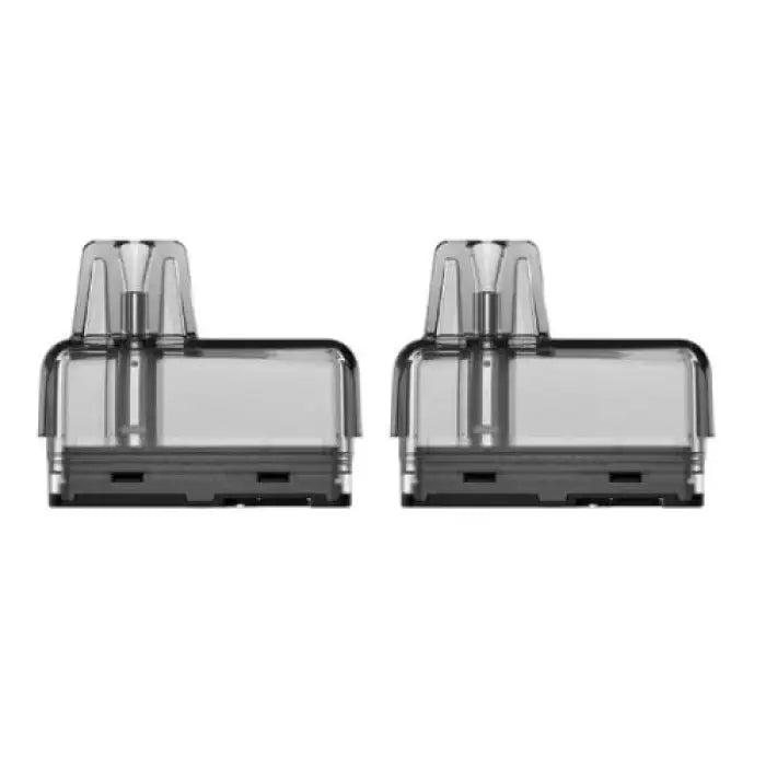 Two identical rectangular vaping pods or cartridges with transparent tops and dark bases.