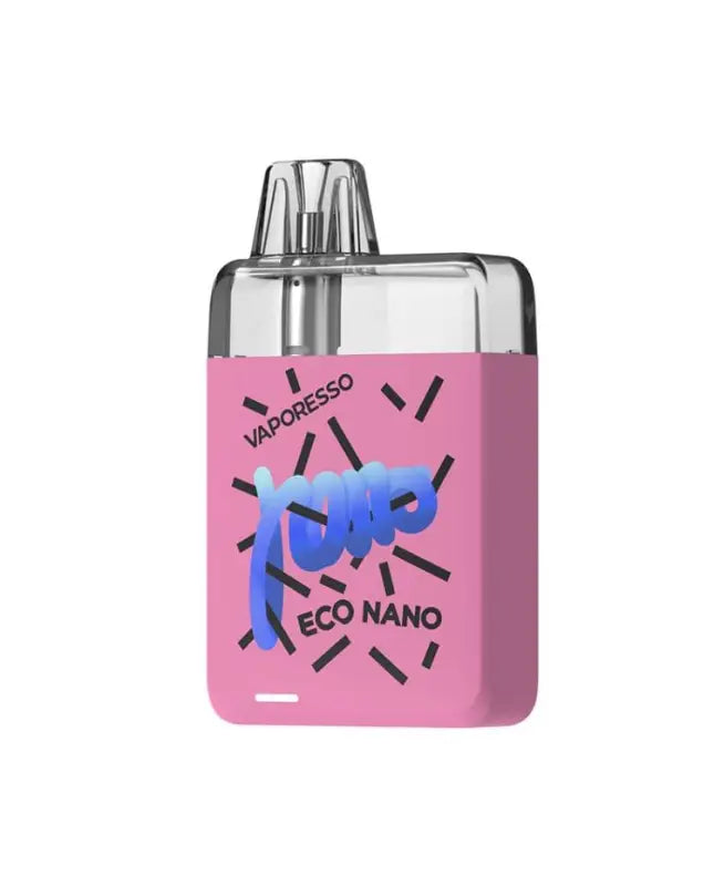 Pink and silver vaping device with ’100’’ and ’ECO NANO’ text on its body.