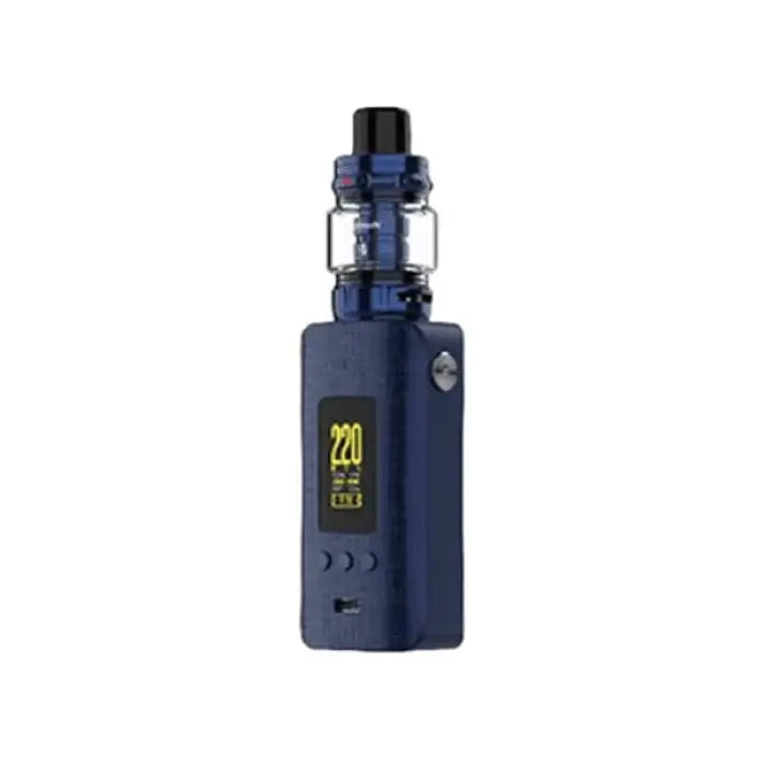 Navy blue electronic vaping device with a digital display showing ’220’’.