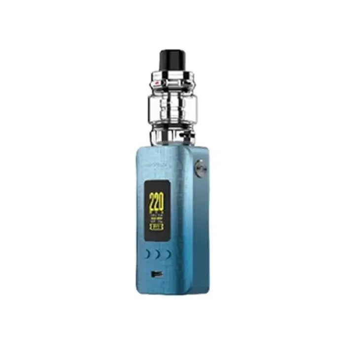 Electronic vaping device with a blue metallic body and digital display screen.