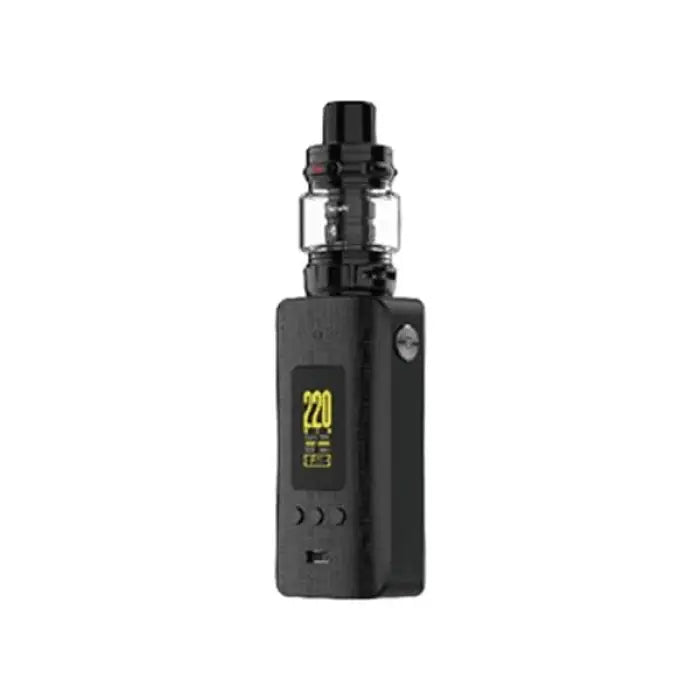 Electronic vaping device with a digital display showing ’220’’ in yellow.