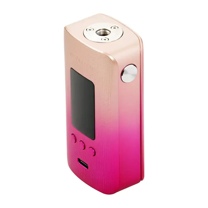 Electronic vaping device with a gradient pink color scheme and a small display screen.