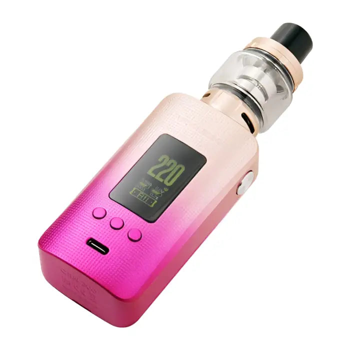 Electronic vaping device with a gradient pink body and digital display screen.