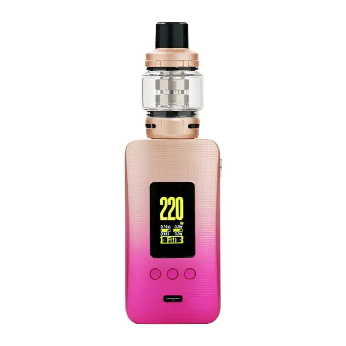 Electronic vaping device with a gradient color from beige to pink and a digital display showing ’220’’.