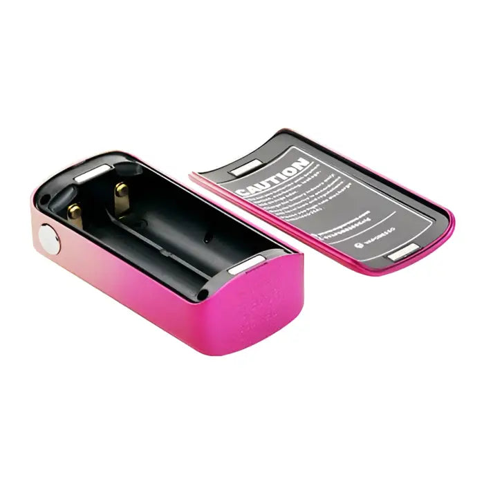 Pink and black battery charger or power bank with an open compartment.