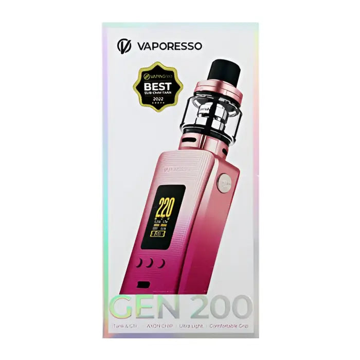 Pink and white electronic vaping device with a digital display and tank attachment.