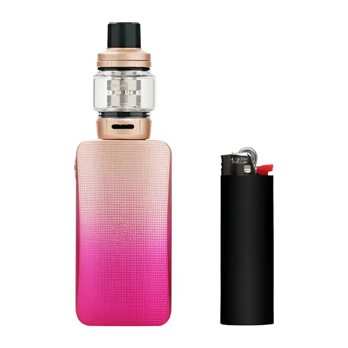 Vape device with a gradient pink body and clear tank alongside a black lighter.