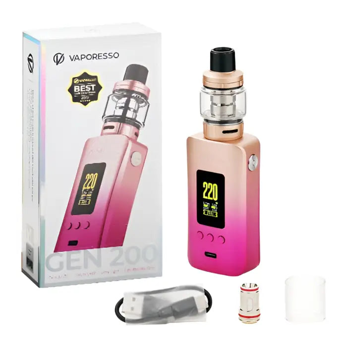 Vaporesso Gen 200 electronic cigarette kit with a pink-to-white gradient design and digital display.