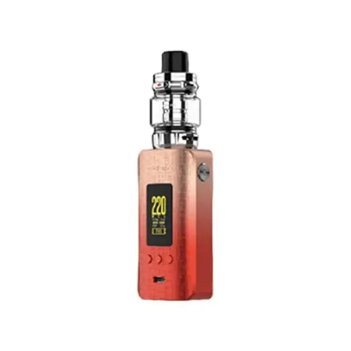 Electronic vaping device with a gradient color from peach to red, featuring a digital display and glass tank.