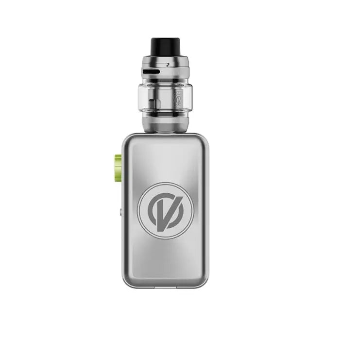 Silver rectangular electronic vaping device with a circular logo and attached tank.