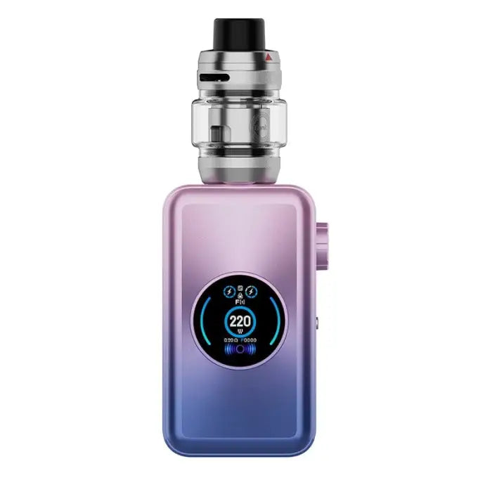 Electronic vaping device with a gradient purple-to-blue body and circular digital display.