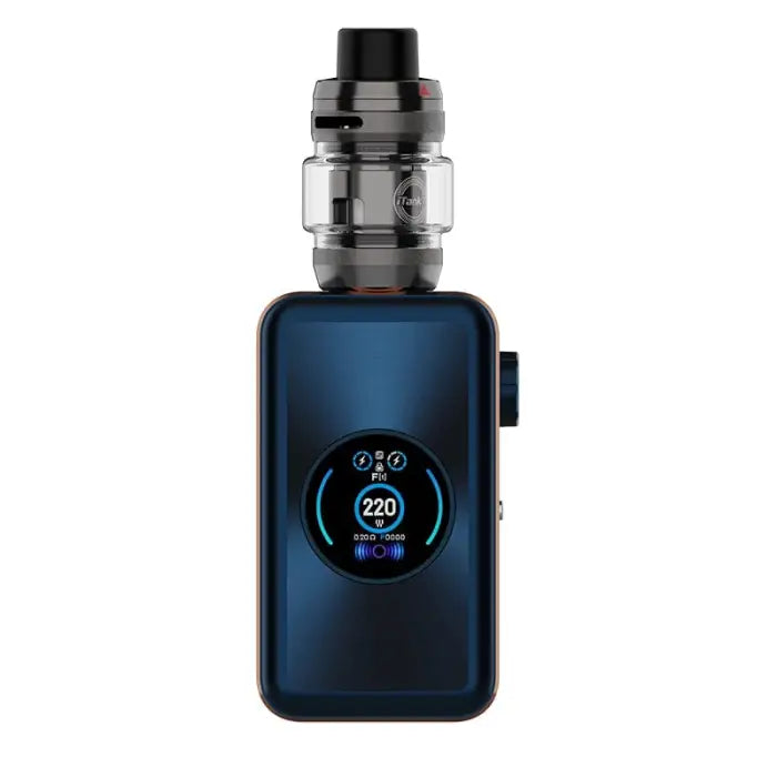 Electronic vaping device with a blue metallic body and circular digital display.