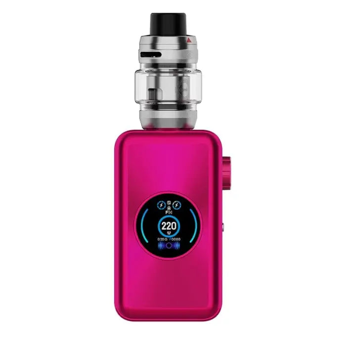 Pink electronic vaping device with a circular digital display screen.