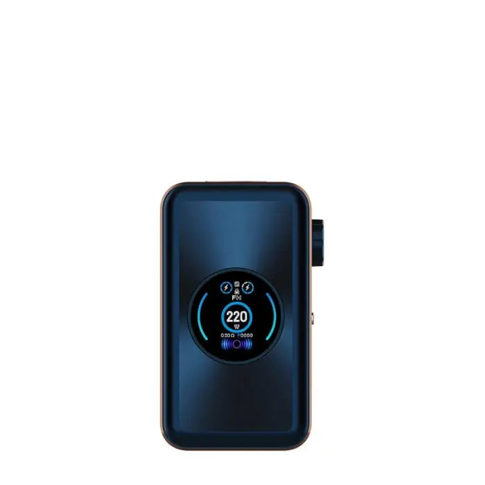 Blue electronic vaping device with a circular digital display showing wattage.