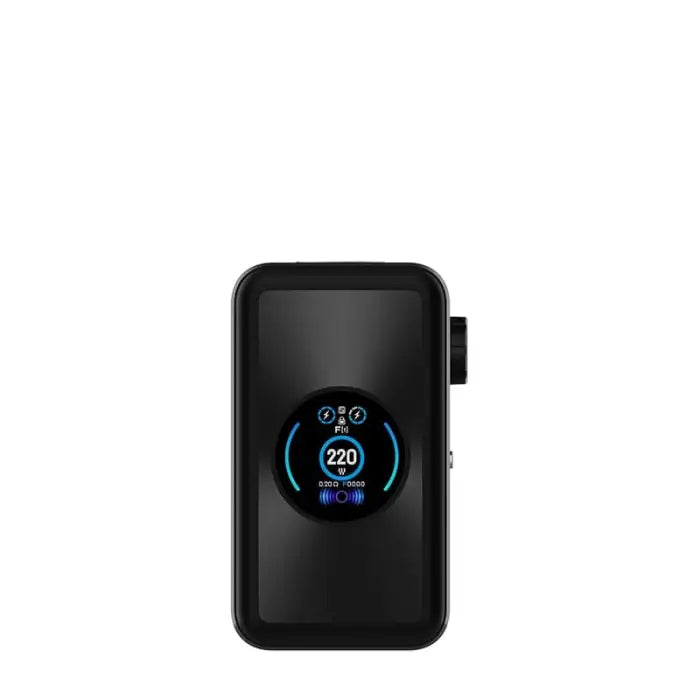 Electronic vaping device with a circular digital display showing wattage.